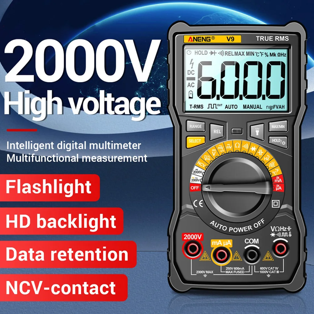 V9 LCD Digital Multimeter 6000 Counts Voltage Test Current Tester Backlight Display with Buzzer 2000V High Voltage Measurement