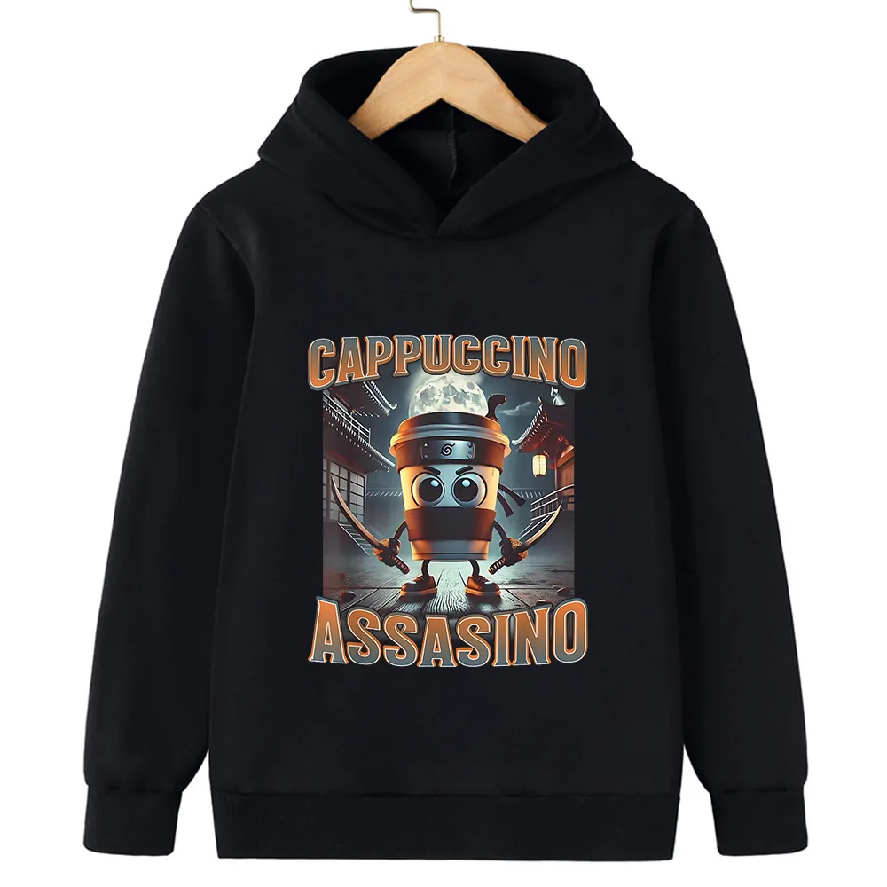 Italian Brainrot Assassin Cappuccino 3-12Y Boys Hooded Sweatshirt Children's Autumn Winter Warm Character Cool Sweatshirt