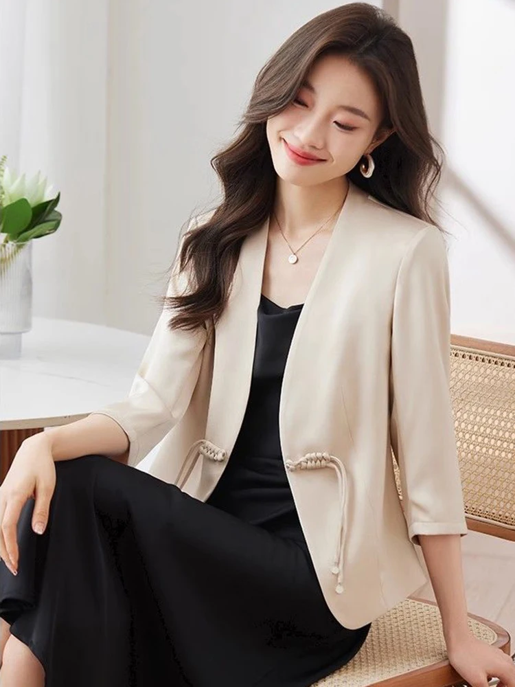 Smooth Satin V-neck 3/4 Sleeve Suit Jackets Slim Frog New Chinese Style Blazer Chaquetas Coats Women Elegant Vintage Vestes