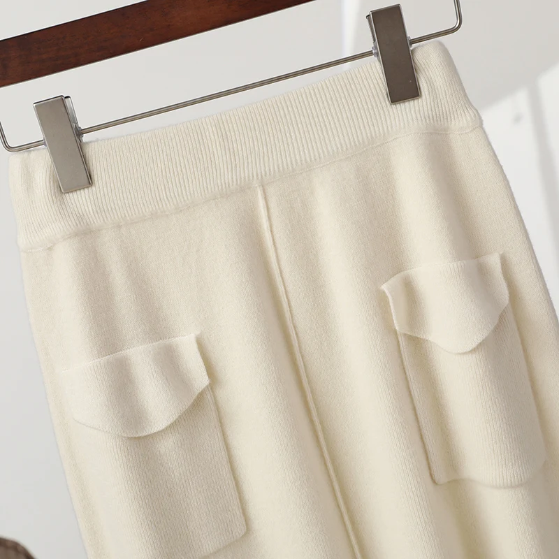 Women's Pure Wool Skirts Spring Autumn Winter 100% Merino Wool Knitwear Office Lady Grace Fashion Pocket Skirt