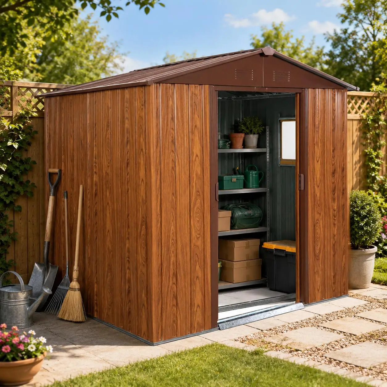 Metal Shed Floor Frame Sliding Doors Window Waterproof Garden Patio Backyard 6.36x5.7ft, Customized