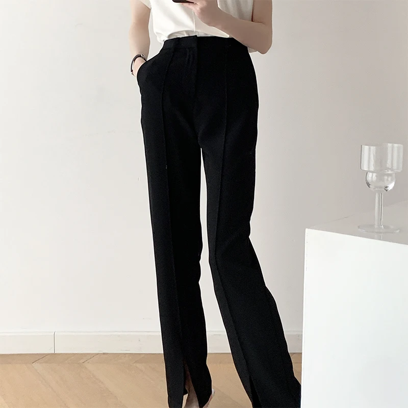 

High Waist Wide Leg Suit Pants Bla Split Design Casual Spring Faion Women's Premium Long Trousers Commute Sle