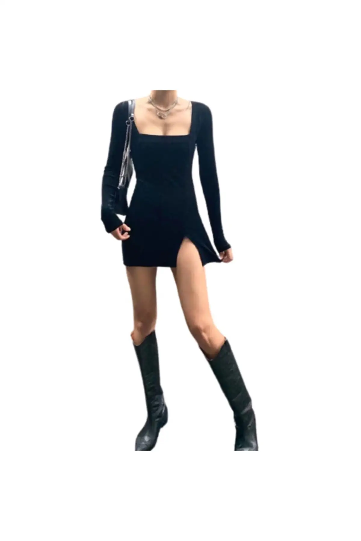 للمرأة أسود شق فستان مخملي مفصل أنيق فلامبوينت مثير جدا 2022 نموذج فستان عالي الجودة