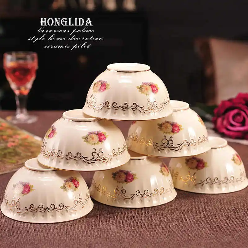 European ceramic tableware bowls household rice dishes high-end water painted gold edged tableware sets plates and bowl in bulk