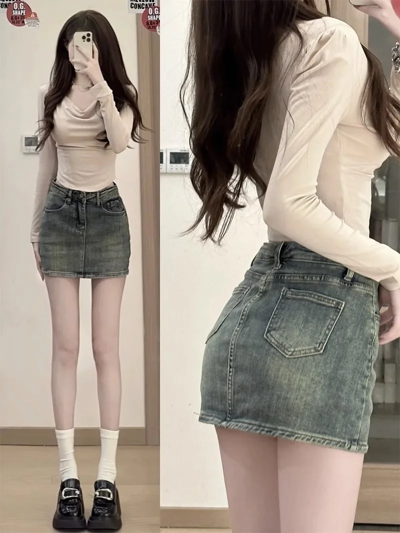 

Ретро джинсовая юбка-шорты с эффектом потертости, женская, с высокой талией, прикрывающая ягодицы, летняя, для модниц, больших размеров, универсальная, короткая