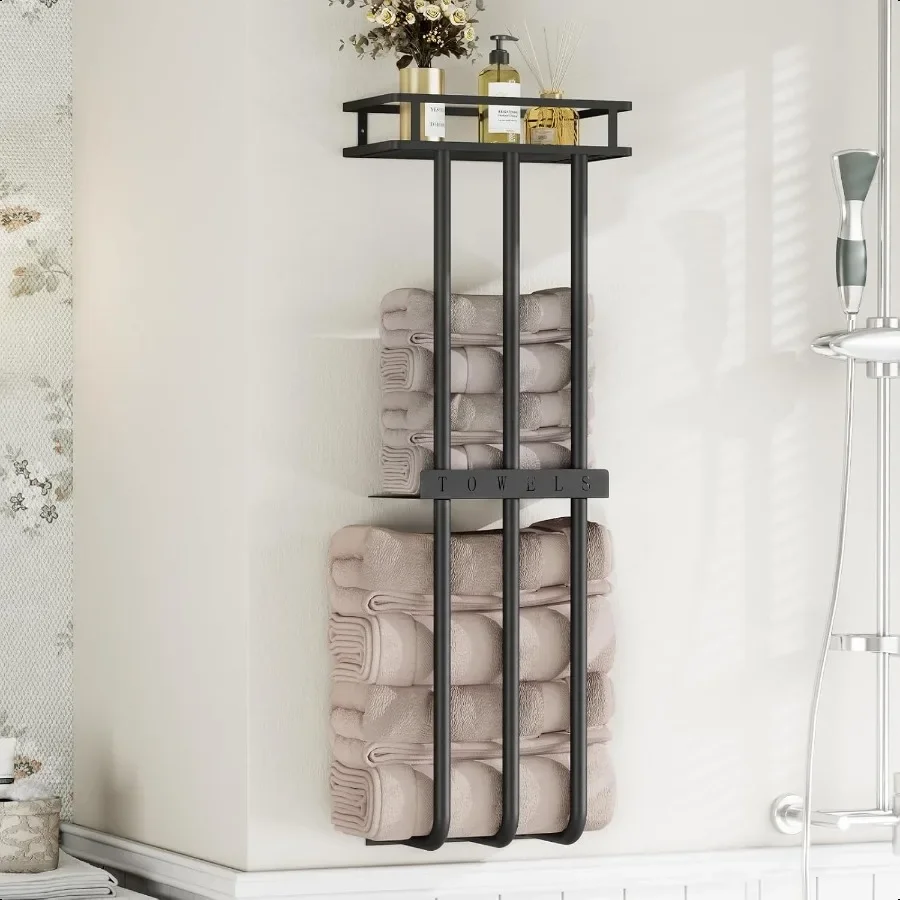 

Вешалки для полотенец для ванной комнаты, настенный 3-х уровневый держатель для полотенец с полкой для рулонных полотенец, черный