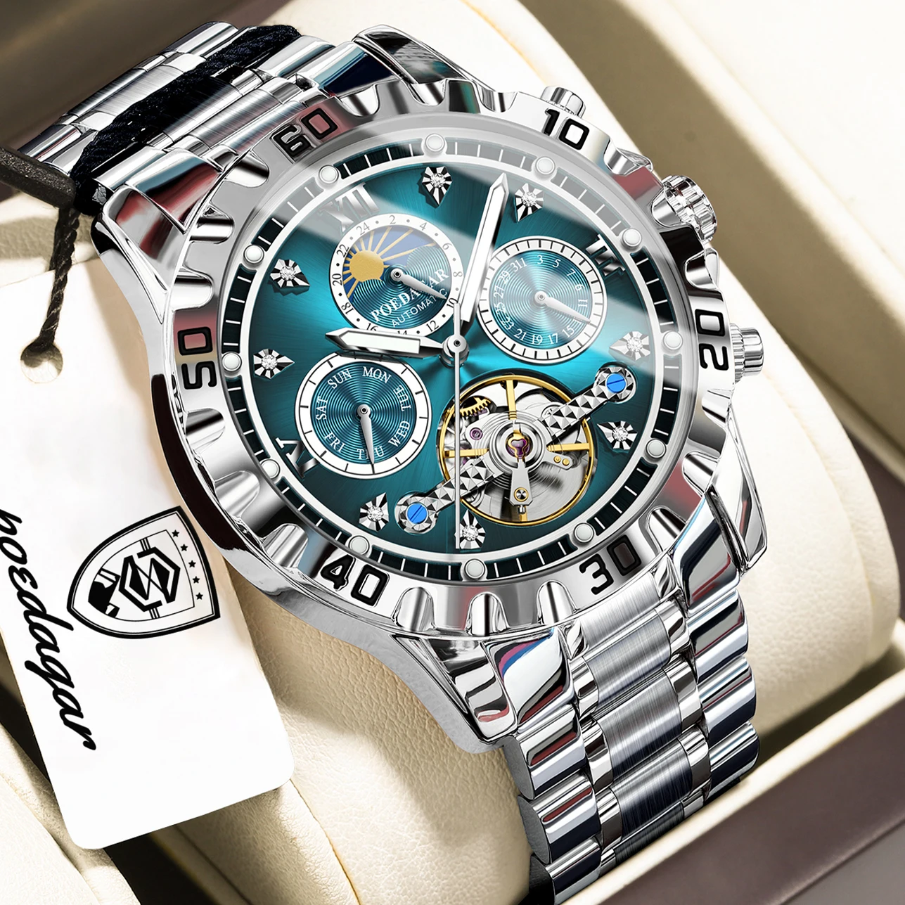 POEDAGAR Lovers Wristwatch Mechanical Waterproof Boyfriend Watch Hollow Tourbillon Automatic Stainless Steel Men's Watches Reloj