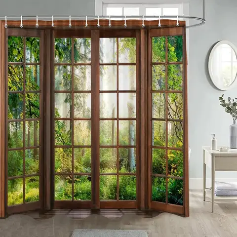 Cortinas de ducha de bosque, sol, árboles verdes, plantas, ventana marrón, paisaje natural, juego de cortinas de baño de poliéster, decoración con ganchos