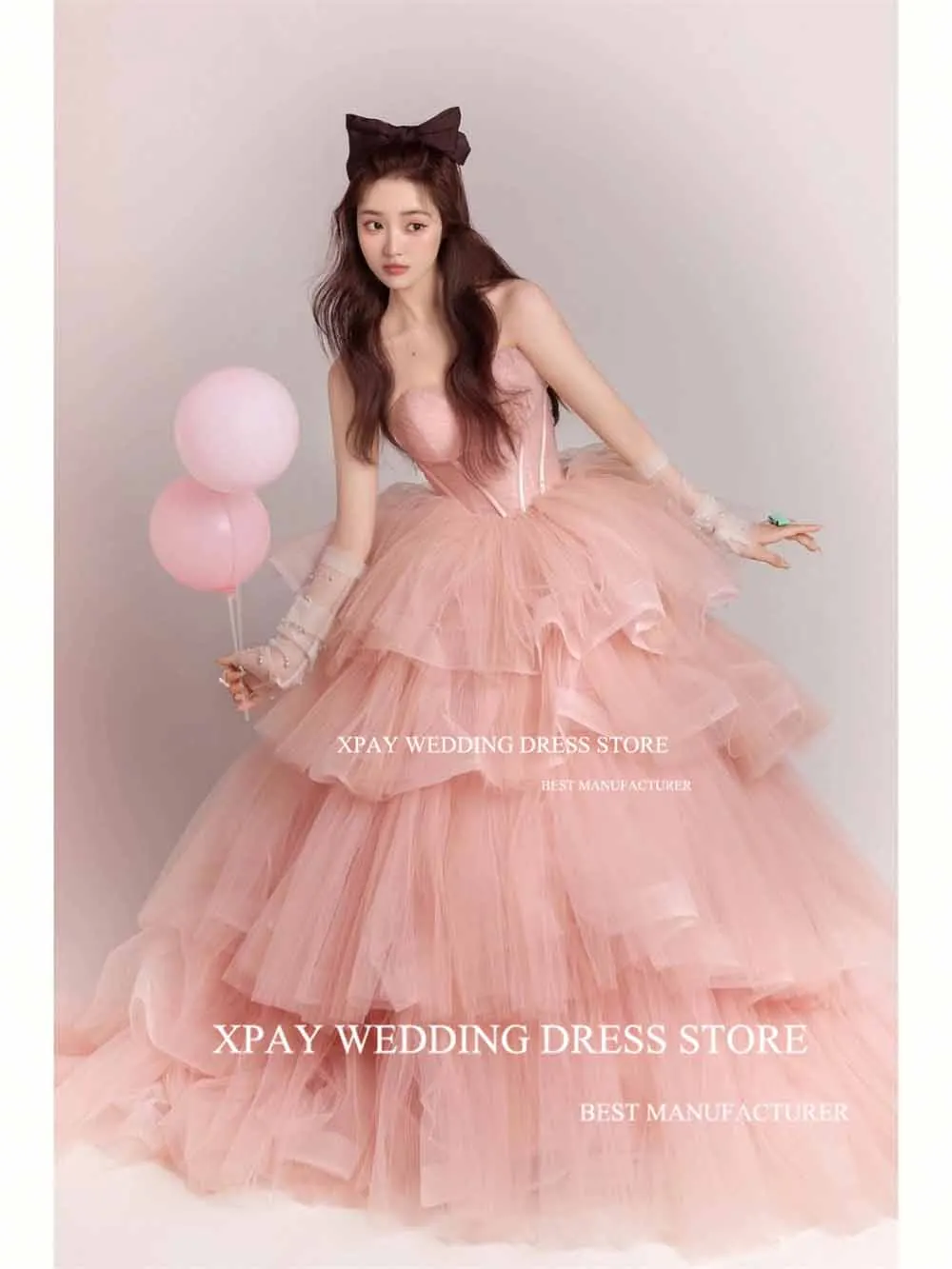 XPAY Blush Pink Sweetheart Korea Evening Dresses A Line Sleeveless Ruched Tiered Formal Party Prom Gown For Wedding Photos Shoot