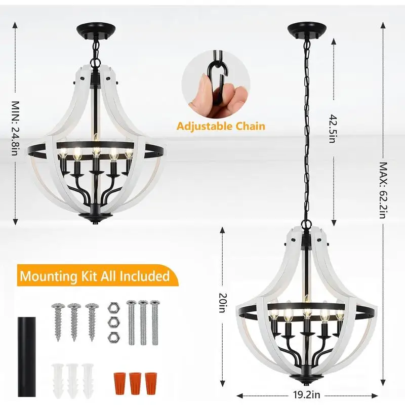 5 نجفة خشبية بيضاء خفيفة لديكور المنزل الأنيق، تصميم حديث مع ارتفاع قابل للتعديل ومصابيح موفرة للطاقة #4