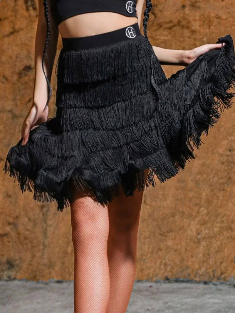 Nappe di crittografia multistrato nere da donna Gonna da ballo latino Sala da ballo Rumba Samba Dancewear Training Cha Cha Performance Costume