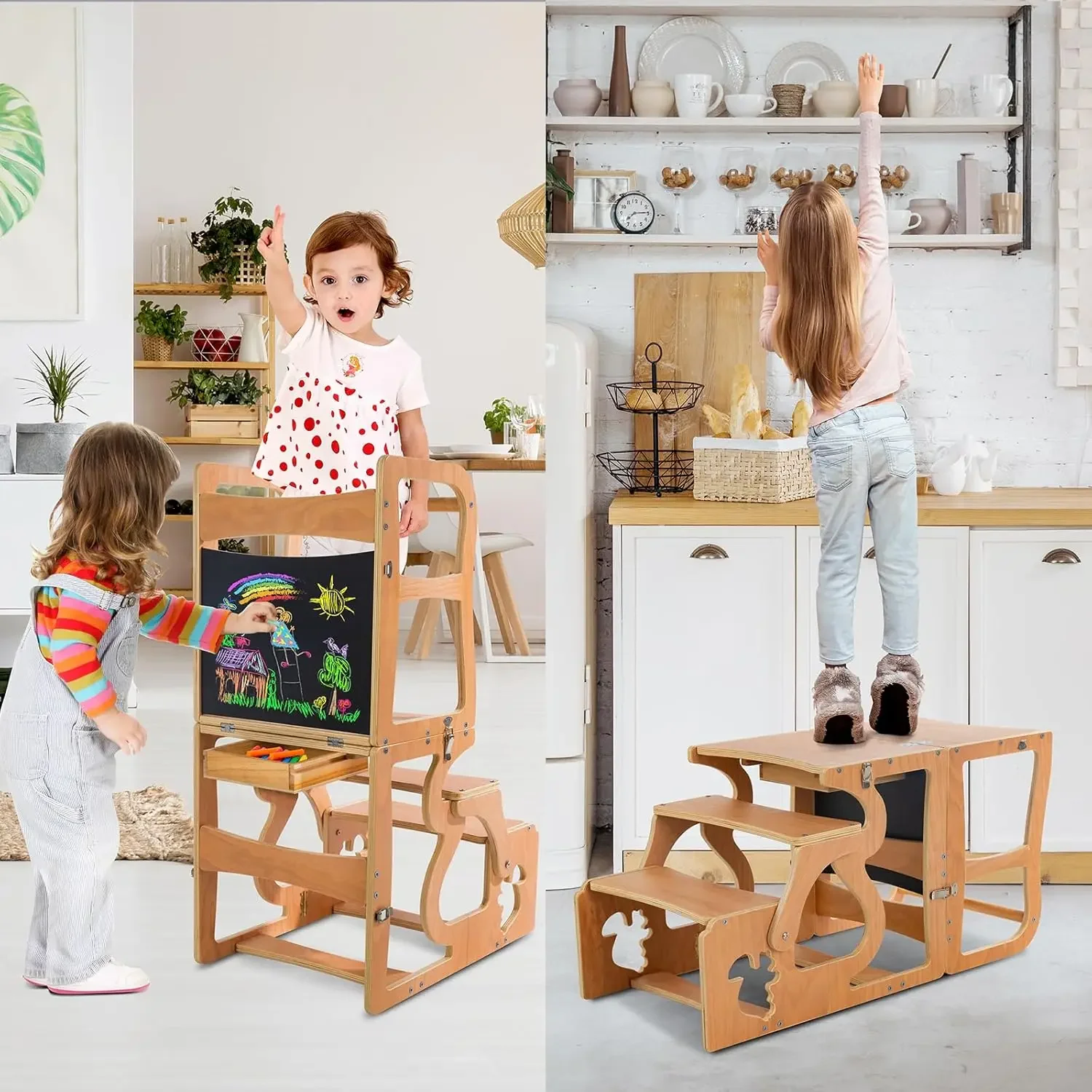 Tower Kitchen Stool  Standing with Chalkboard, 3 in 1 Step Stools for Kids Back, Learning Wooden Kitchen, Free Hands, Easy Assem