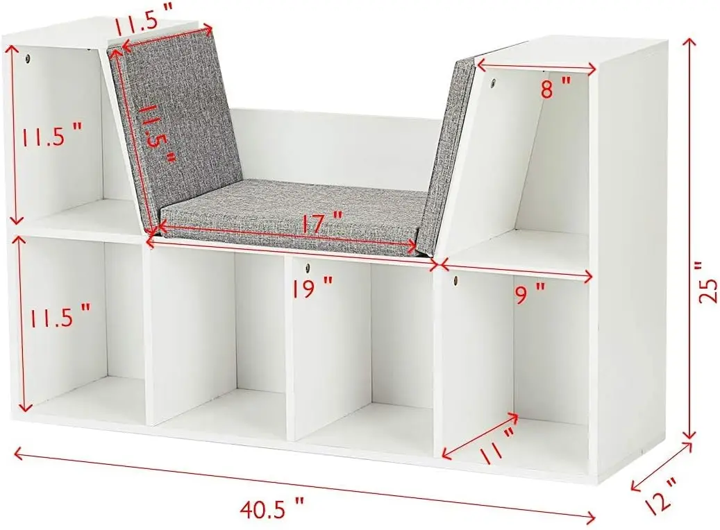 6-Cubby Kids Bookcase w/Cushioned Reading Nook, Multi Purpose Storage Organizer Cabinet Shelf with Soft Cushion and