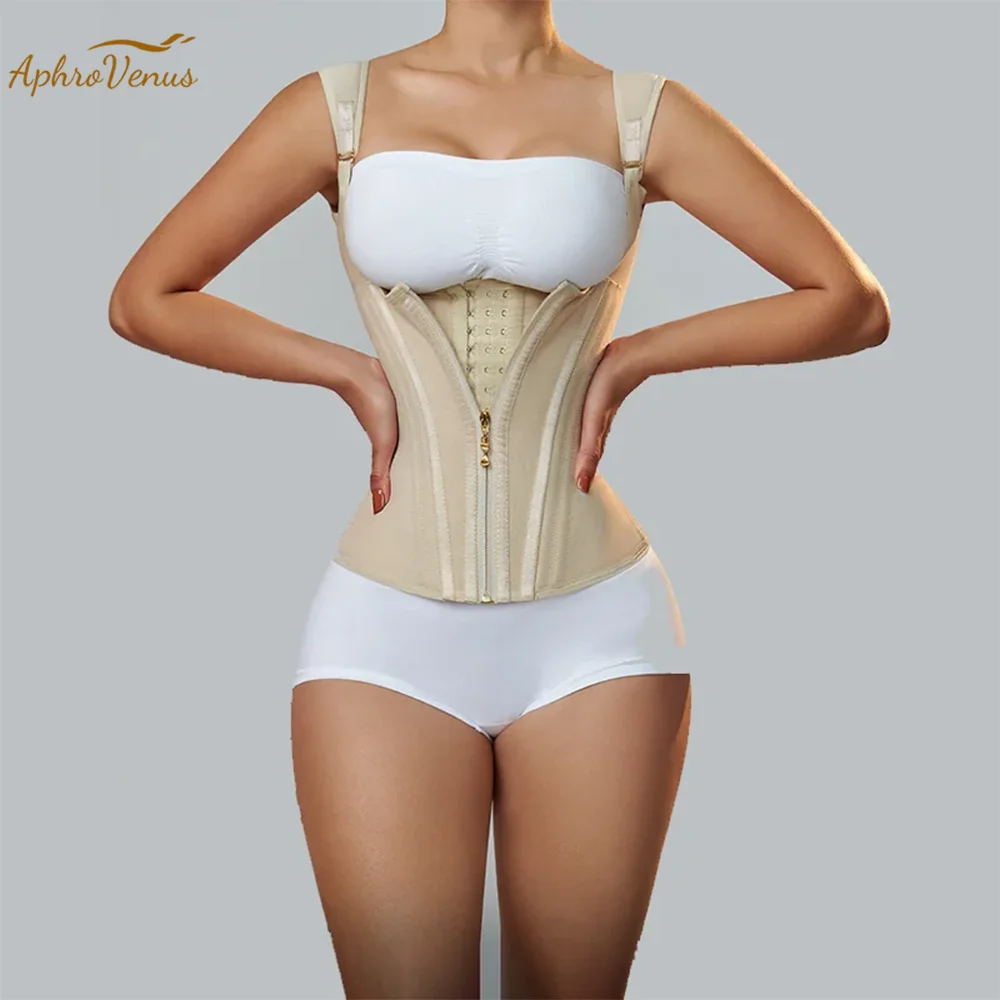 

Fajas Colombianas High Compression Waist Trainer Corset with Bone Adjustable Hook-eyes and Zipper Flat Belly Shapewear