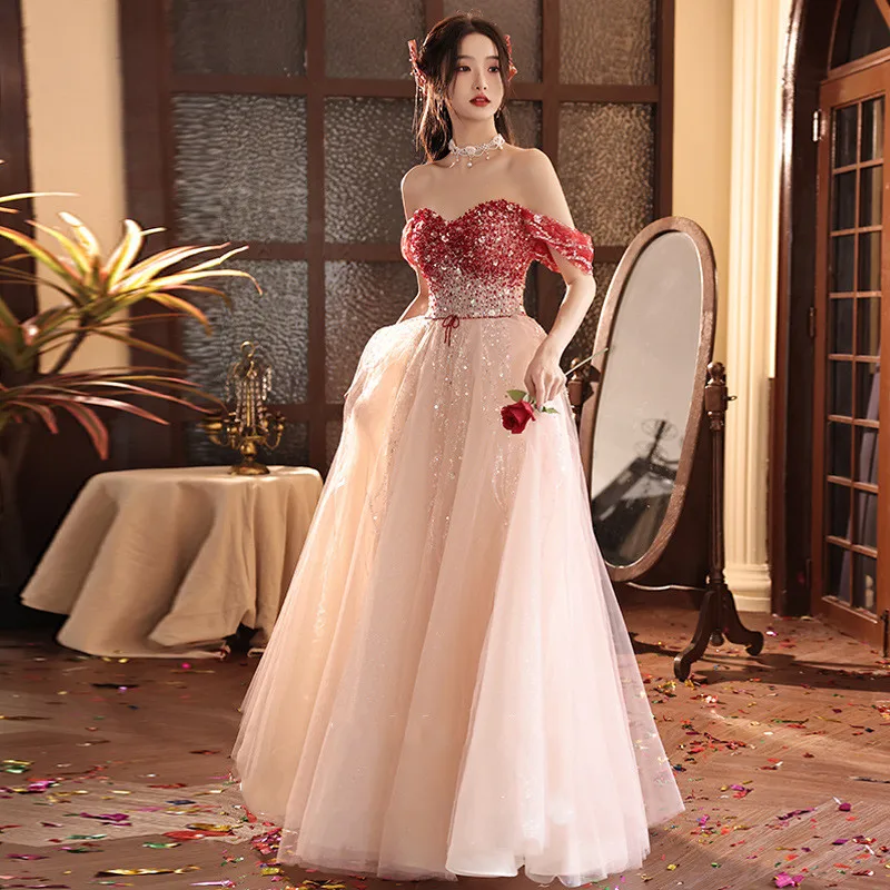 

Gradient Sequins Applique Back Bandage Off The Shoulder Chiffon Evening Dresses Women Formal Bride Party Gown Vestidos