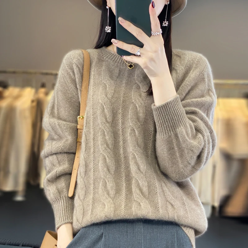 

100% Wool Cashmere Sweater Women's Round Neck Pullover 2023 Autumn/Winter New Knitted Loose Sweater Casual Soft Fashion Top