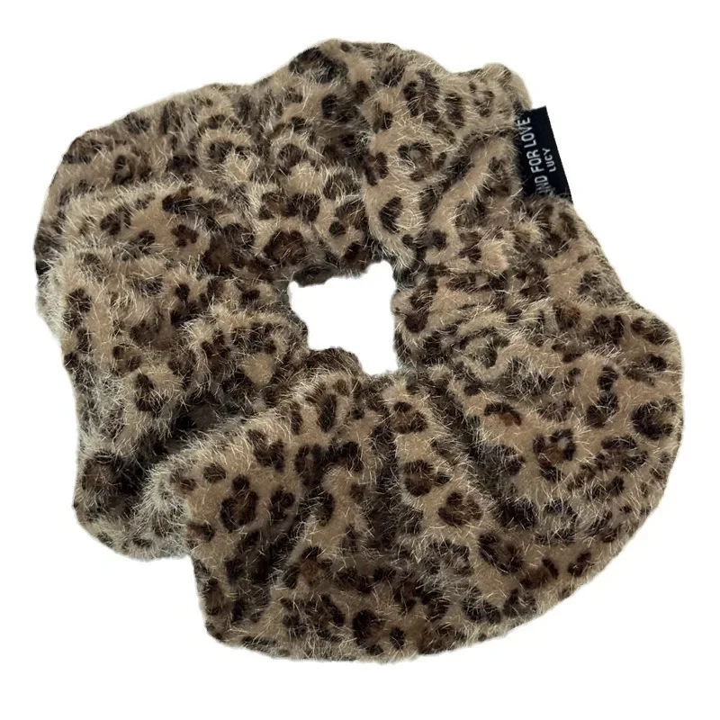 Gray coffee leopard print plush large intestine hairband retro simple  head flower low ponytail hair rope temperament headband