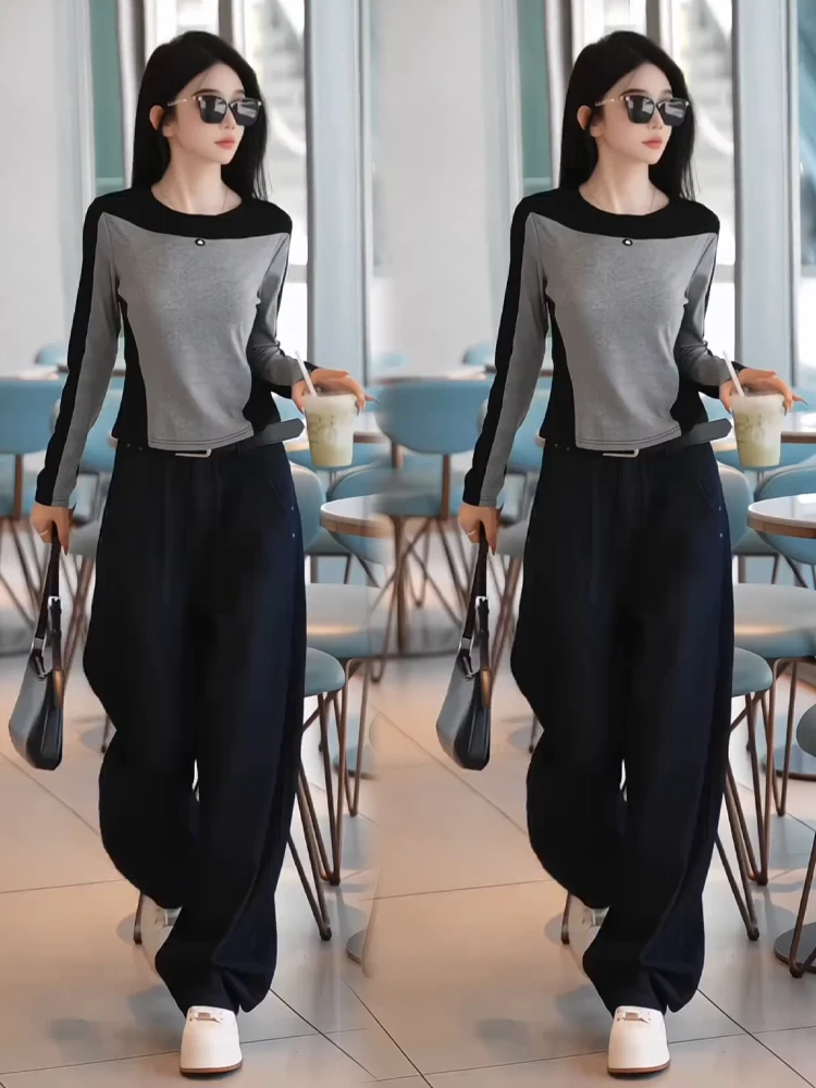 تي شيرت نسائي عصري بأكمام طويلة بألوان متباينة لربيع وخريف 2026، تصميم أمريكي رياضي راقي جديد، قميص كوري أنيق ضيق