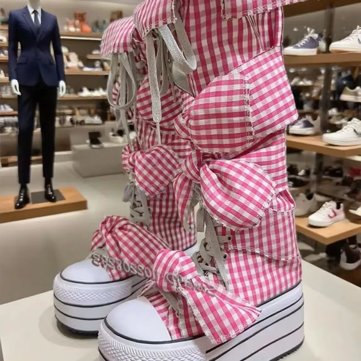 

Butterfly-knot Lattice Knee-high Boots Round Toe Canvas Punk Sweet Lace-up Shoes Height Increasing Retro Women's Boots 2025