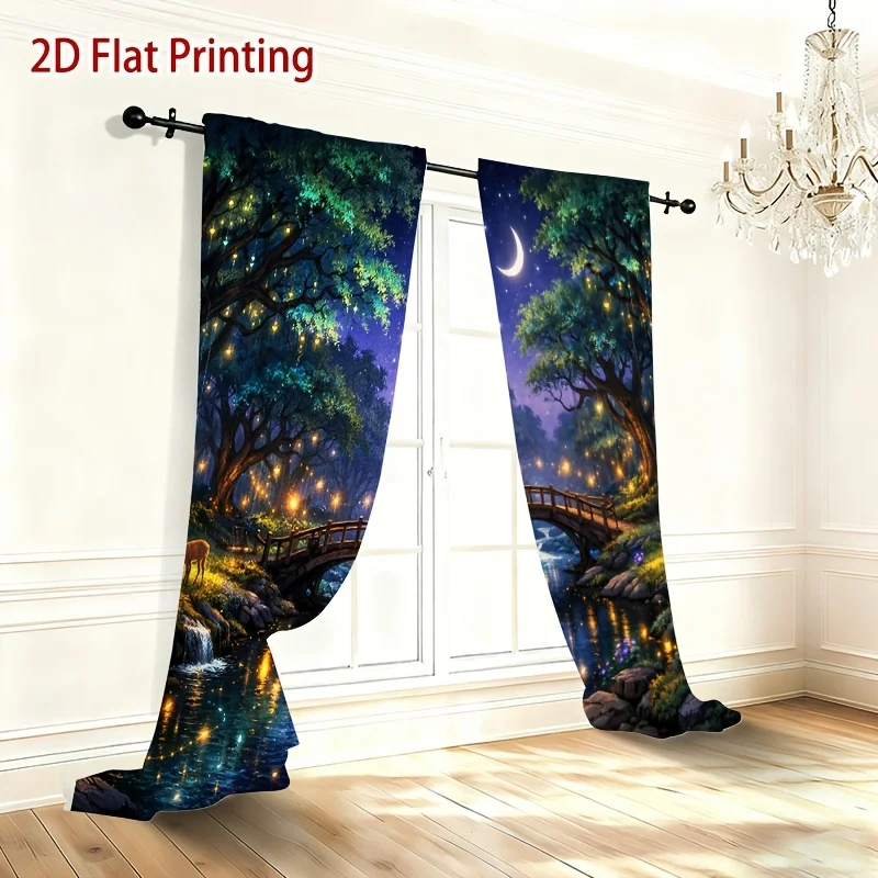 Enchanted Night Forest Curtain Panels, Deer Bridge River Mushroom Moon Fairy Light Print Drapes for Kids Living Room Home Decor