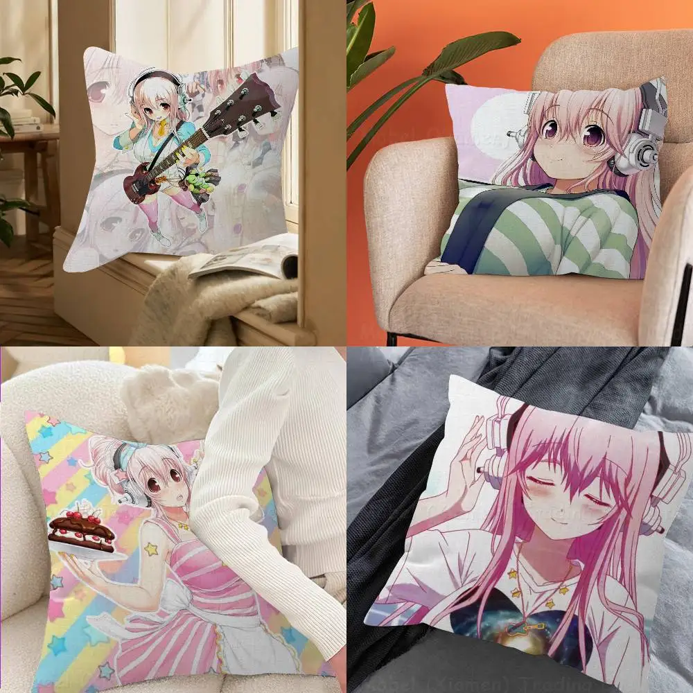 Pink Hair Super Rock Sonico Anime Girl Guitar soft Comfortable Pillow Case for cute Sofa Living Room Home office Decor Covers