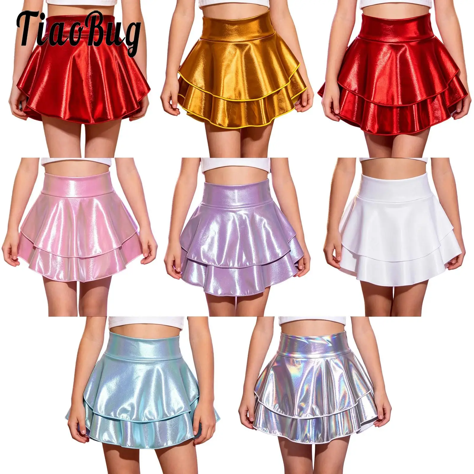 Kids Girls Metallic Skirt High Waist Double-layer Ruffled Skirt for Dance Stage Performance