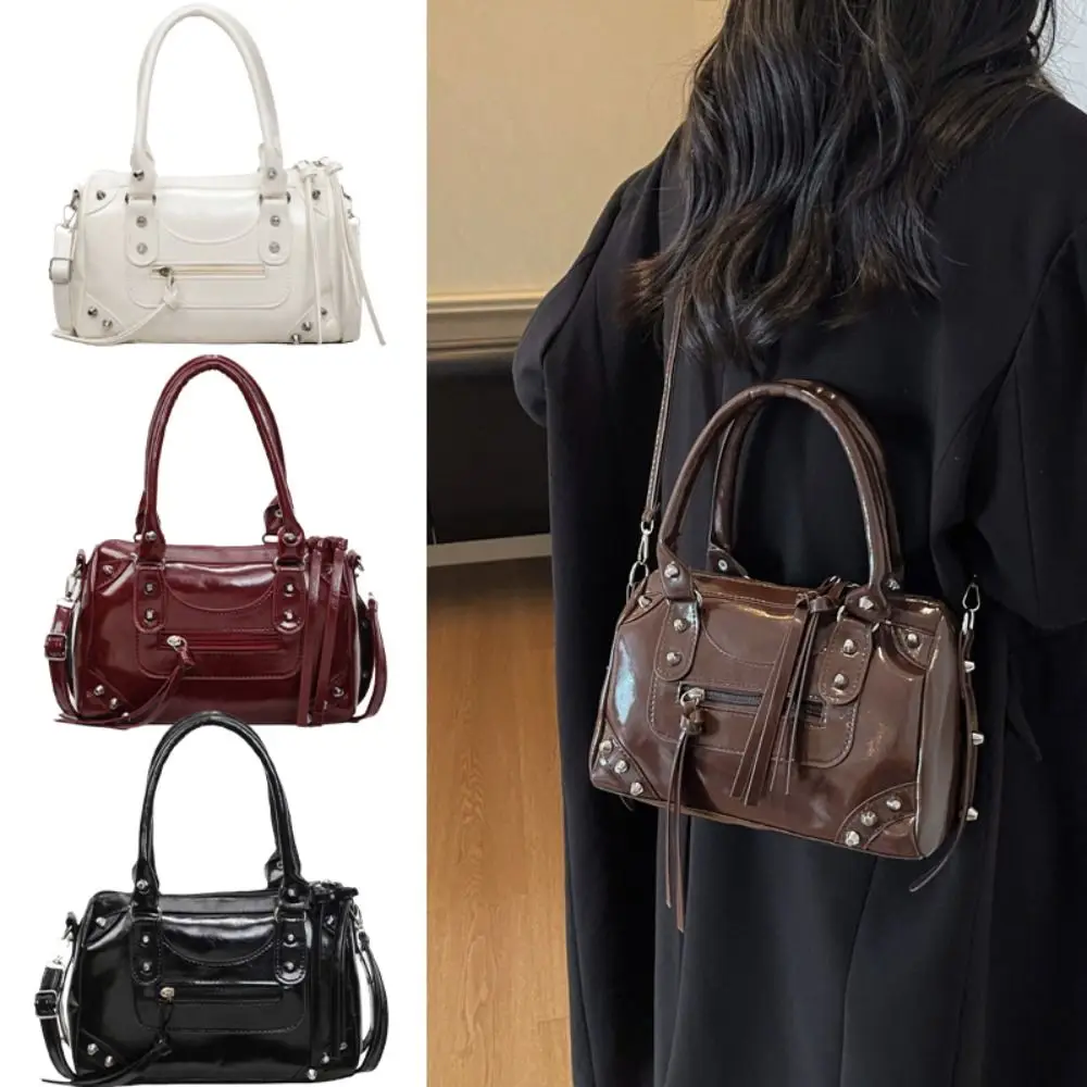 

Portable Punk Retro Underarm Bag PU Leather Elegant Boston Bag Retro Vintage Pillow Handbag Shopping
