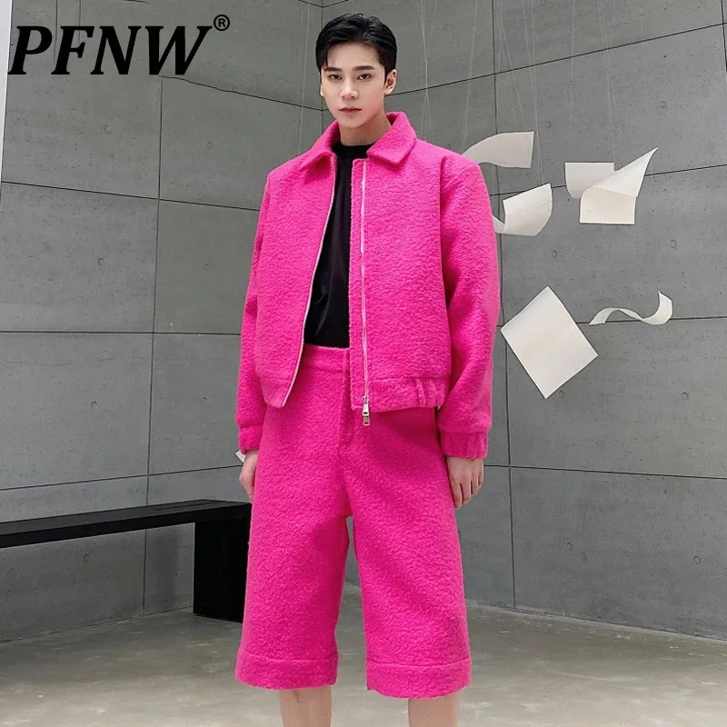 PFNW New Fashion Men's Set Autumn Male Two-piece Thickened Turn-down Collar Short Cotton Coat Woolen Wide Leg Shorts 9A583