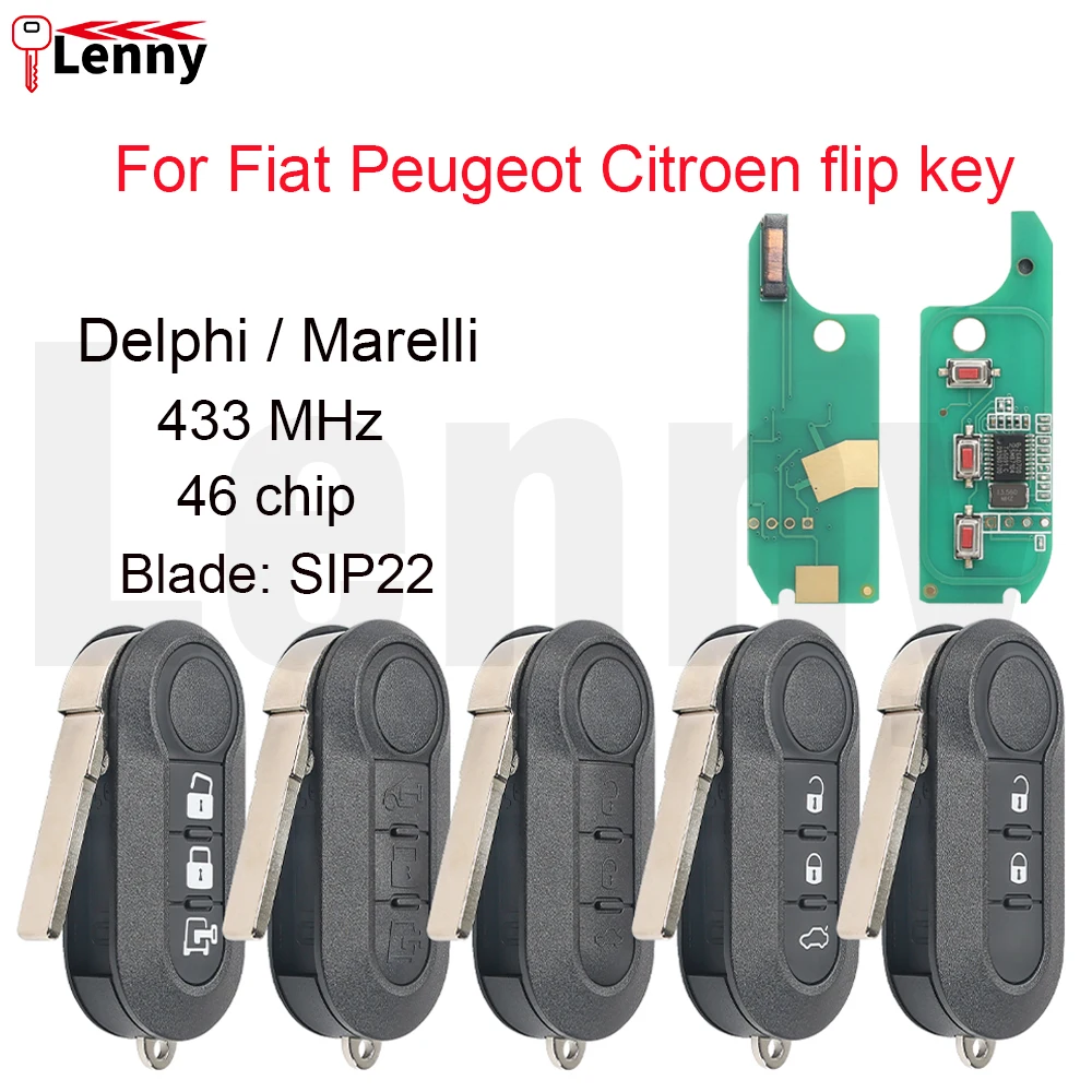 

Lenny 433MHz 46chip Car Smart Flip Key for Fiat 500 Punto Panda Bravo Delphi 500L Ducato Citroen Jumper Peugeot Boxer Marelli