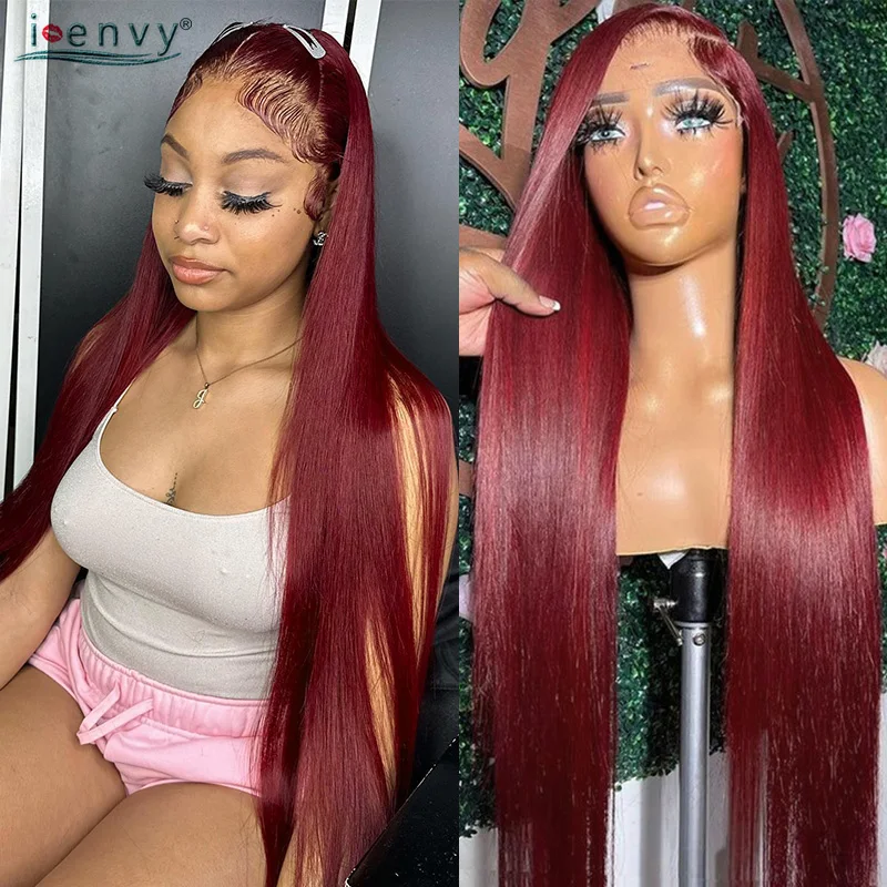 

13x6 Cherry Red Lace Front Human Hair Wigs 13X4 Straight Hd Lace Frontal Wigs Pre Plucked 99J Burgundy Colored Lace Front Wigs