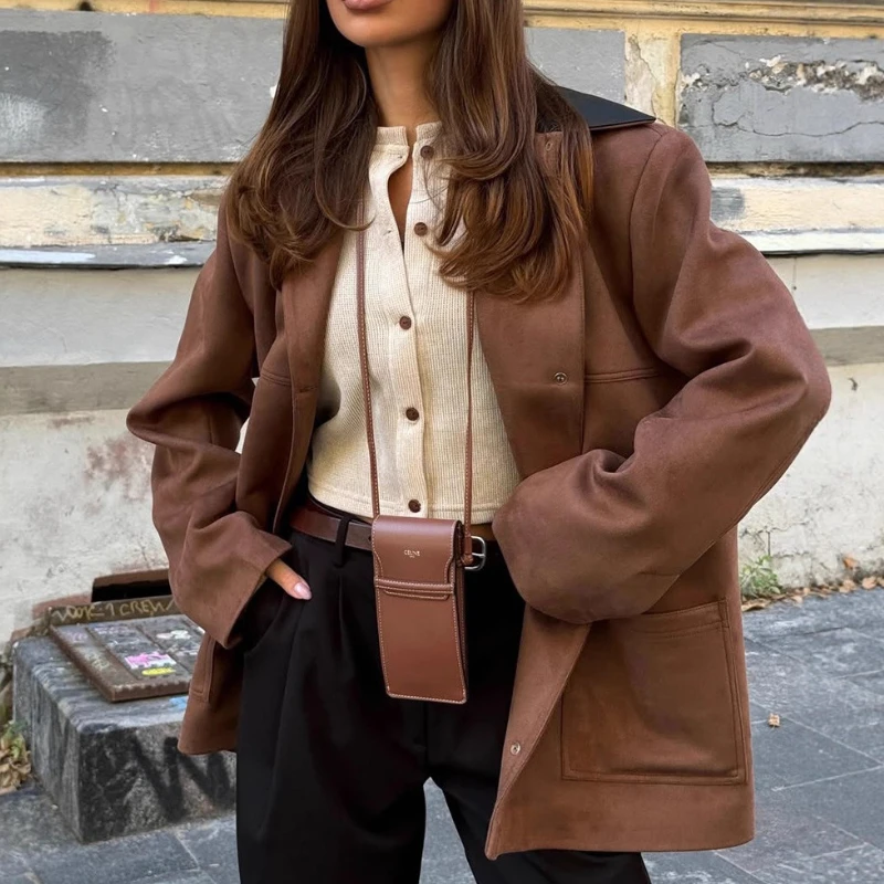 

Осень-зима 2025 года, винтажное замшевое пальто, свободная теплая удобная куртка с черным воротником