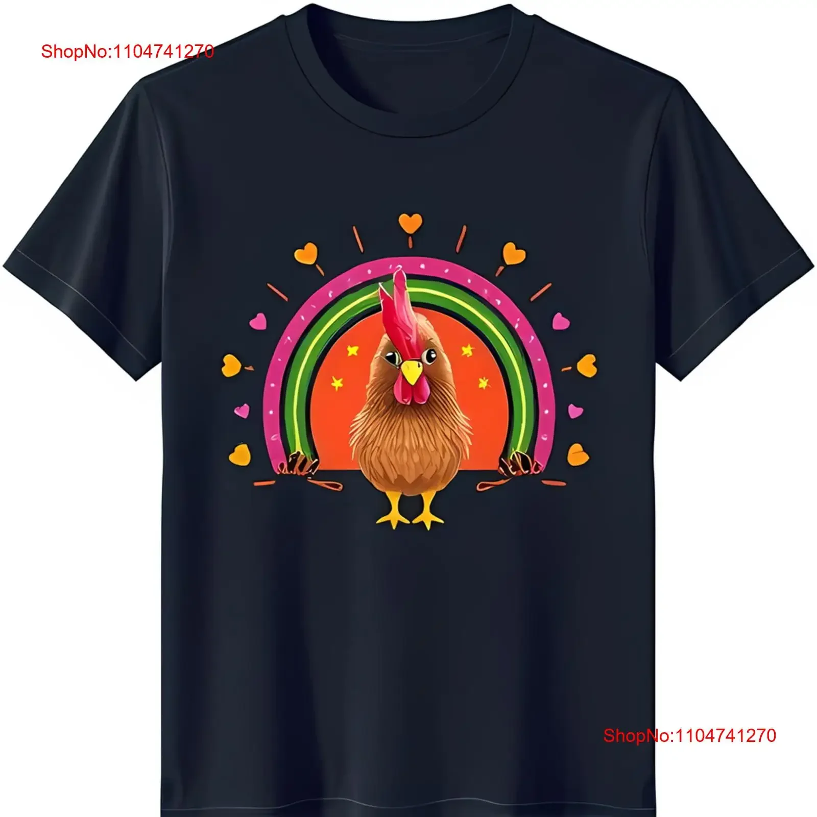 

Adorable Rooster on Black T Shirt with Rainbow Hearts Stars vintage Washed Stretched Unisex designer clothes Slightly