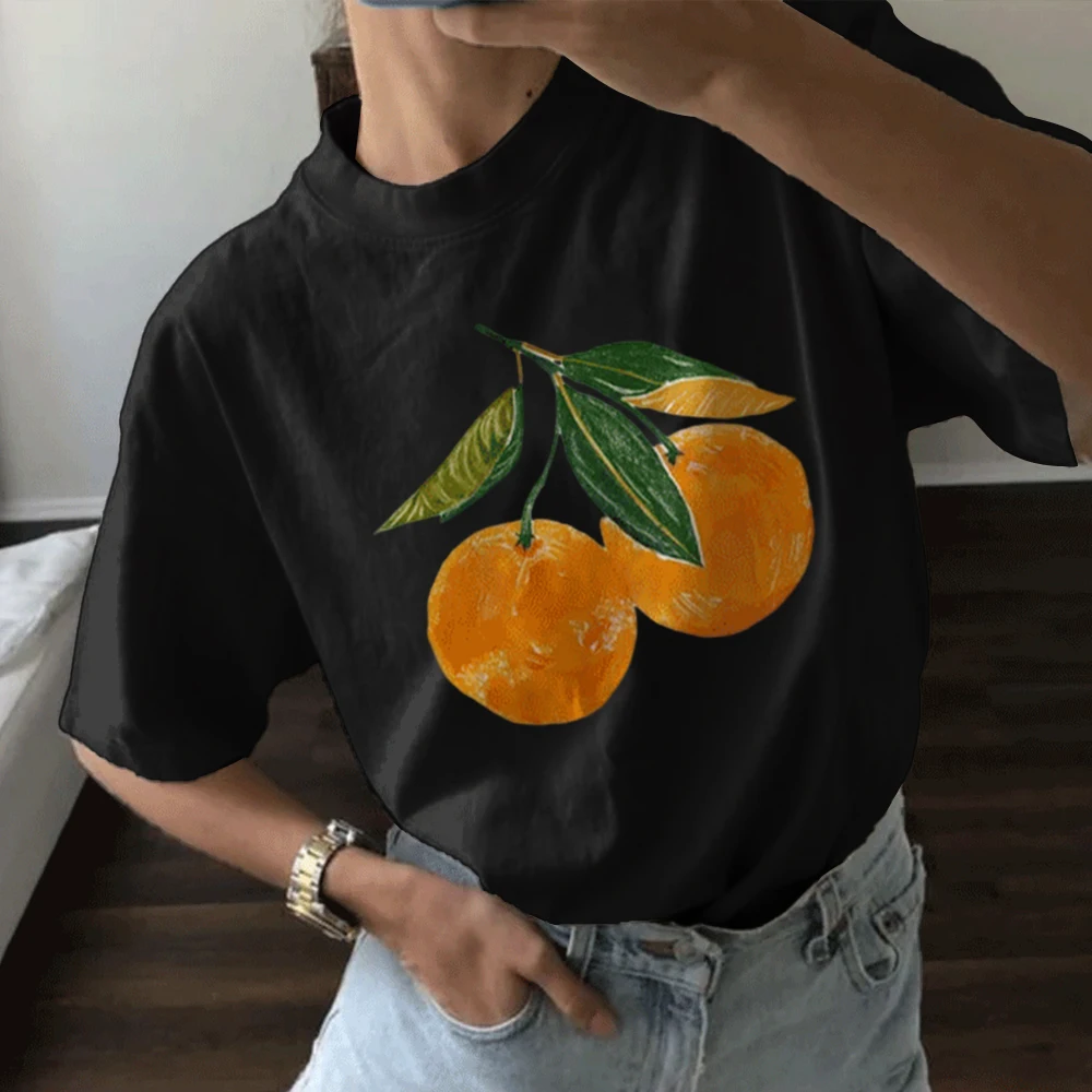 Fun Cartoon Oranges Fashion Print Women New Tshirt Summer O-Neck Short Sleeved Tee Tops Street Trend Female T-Shirt Clothes