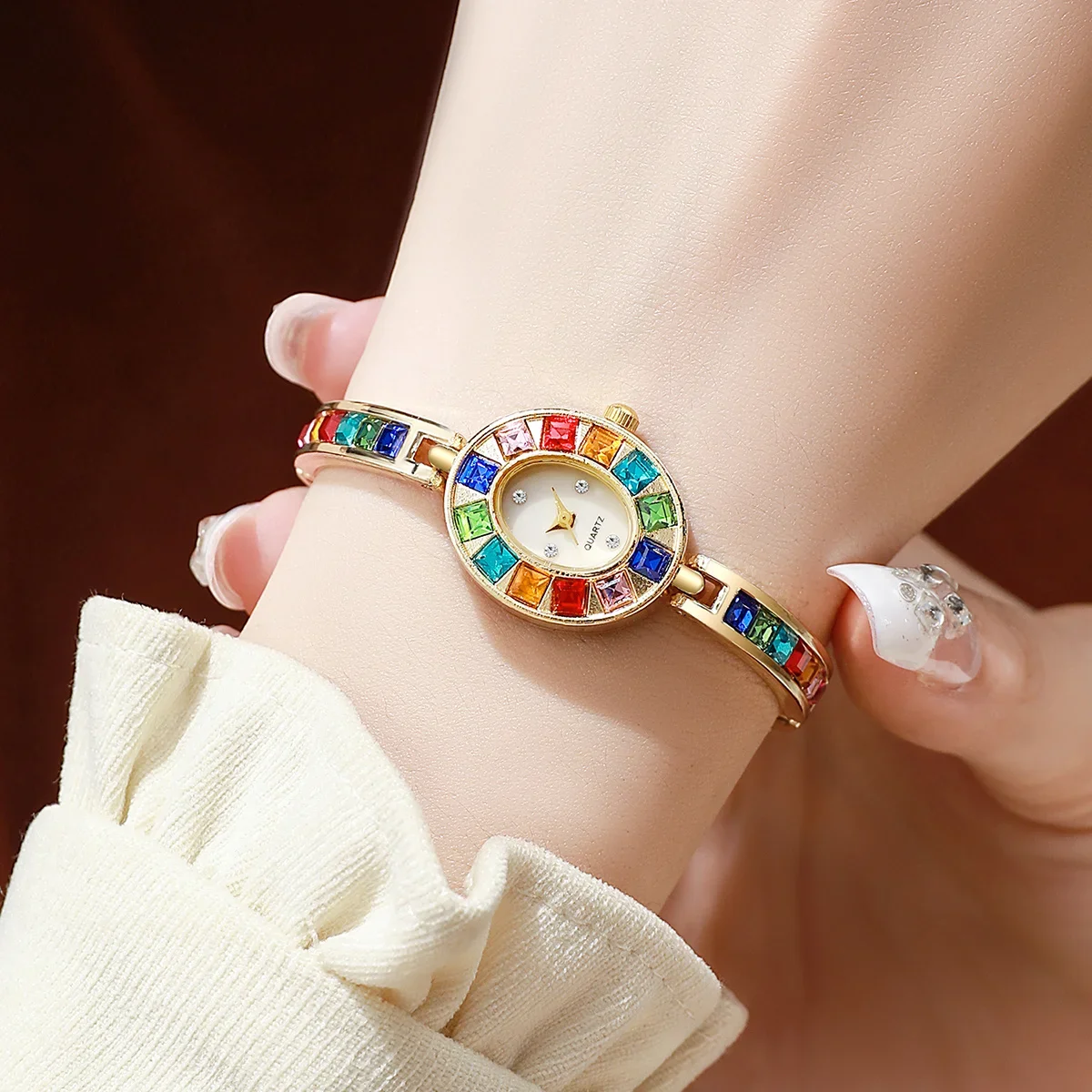 Fashion Women's Rainbow Crystal Bracelet Watch Oval Dial Quartz Wristwatch Reloj Mujer Girls Clock Gift（Without Box）