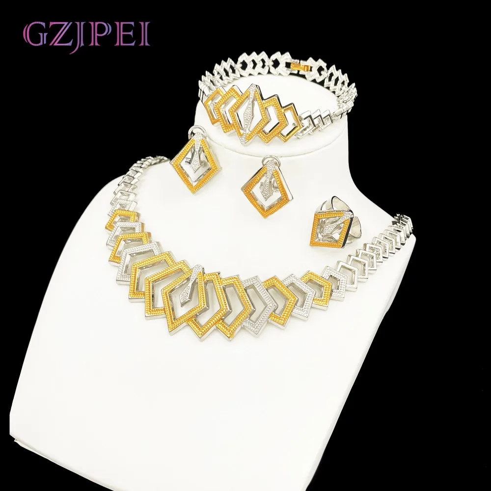 

GZJPEI Gold Silver Color Two Tone Jewelry Set Design Geometry Choker Necklace Bracelet On Hand Square Stud Earring Ring 2025 New