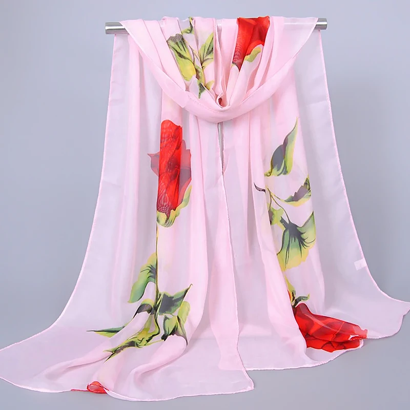 Women Chiffon Silk Scarf Rose Flower Print Scarf for Women Female Long Shawls And Scarves Beach Wraps Foulard   ﻿