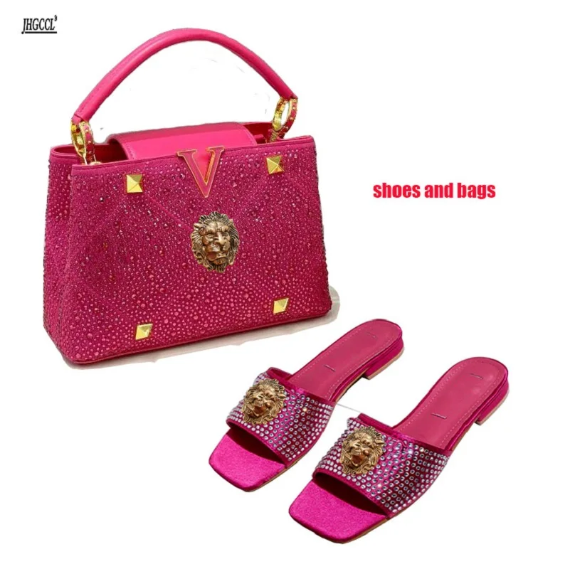 

High-end diamond rose red women's slippers fish-mouthed back hollow lion cool slippers Rhinestone slippers chain bag set B9