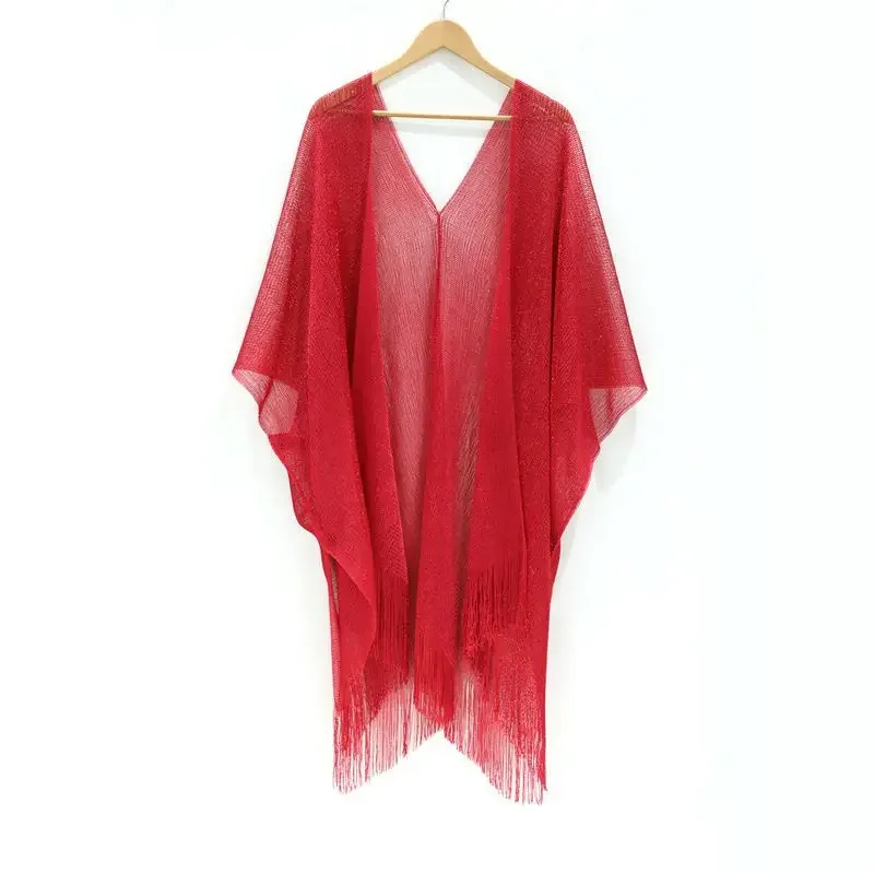 Beach Cape Cloak Women Fine Mesh Weaving Poncho Seaside Holiday Spring and Summer Lady Gold slit Bikini Beach Coat Shawl  Pink