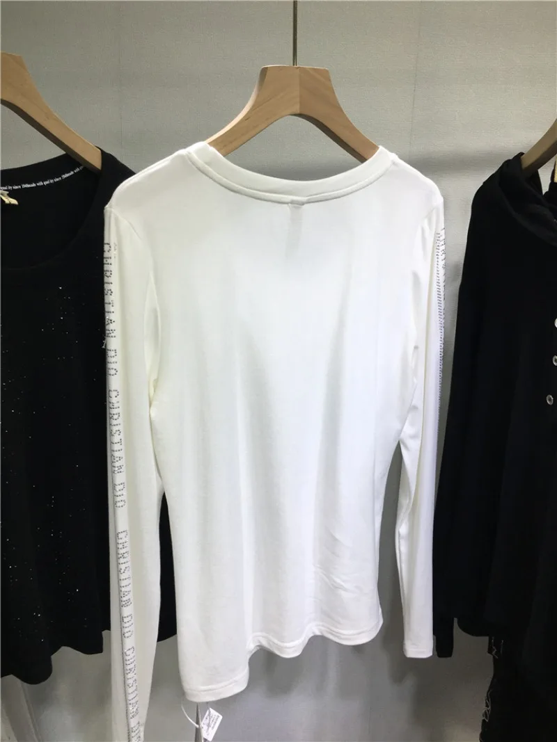 2024 Autumn and Winter New European Heavy Industry Hot Diamond Round Neck T-shirt Slim and Thin Long-sleeved Top For Women