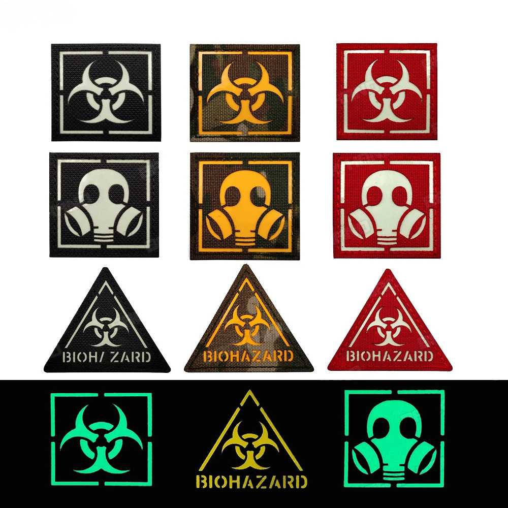 Biohazard Reflective Patches Gas Mask Square Badge Biochemical Virus Sign Hook Loop Luminous Triangle Nylon Emblem for Backpack