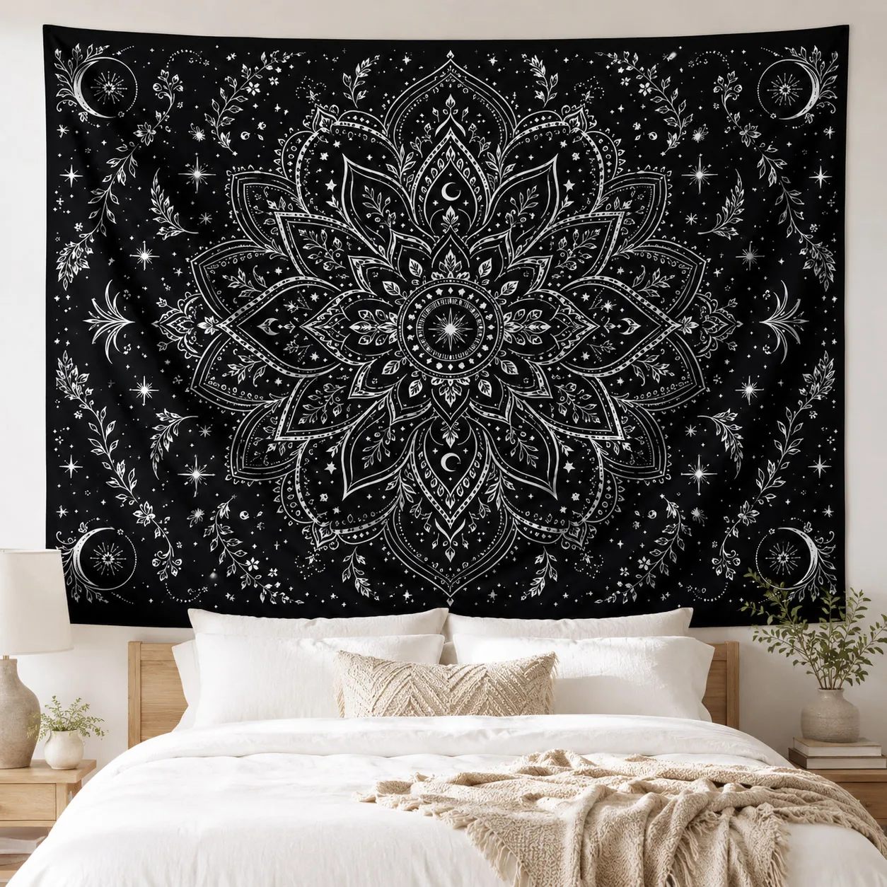 Black and White Mandala Tapestry Celestial Moon Stars Wall Hanging Boho Witchy Wall Decor for Bedroom Living Room Dorm Home
