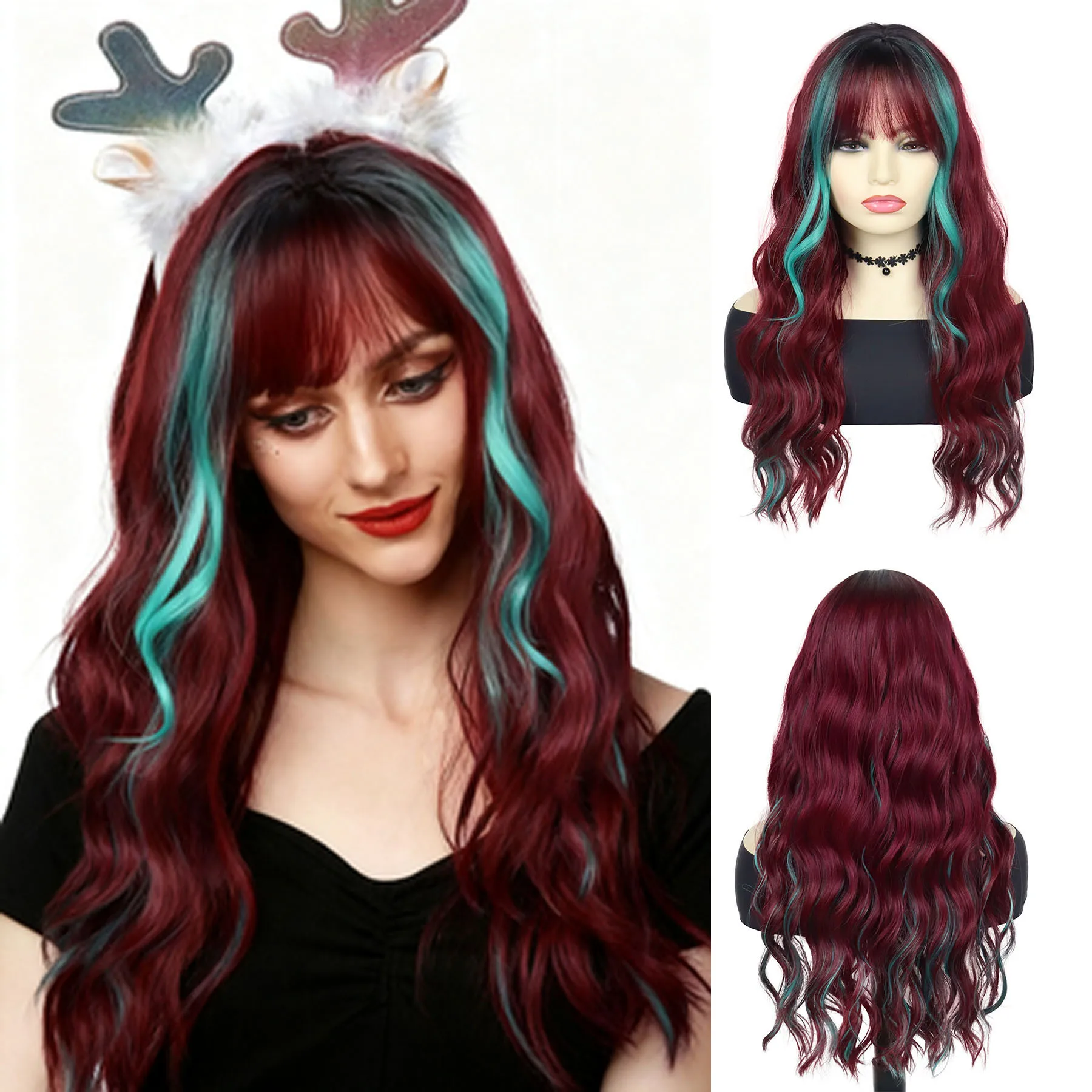

GNIMEGIL Синтетические волосы Длинные вьющиеся винно-красные смешанные зеленые парики для женщин Волнистый парик с челкой Рождественская повседневная вечеринка Косплей