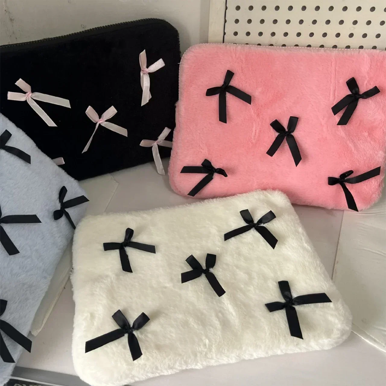 Plush Cute Sweet Uniform Bow Laptop Sleeve Bags 12 13.3 13.6 14 Inch Ipad Tablet Case Casual Zipper for Women Briefcase Bag