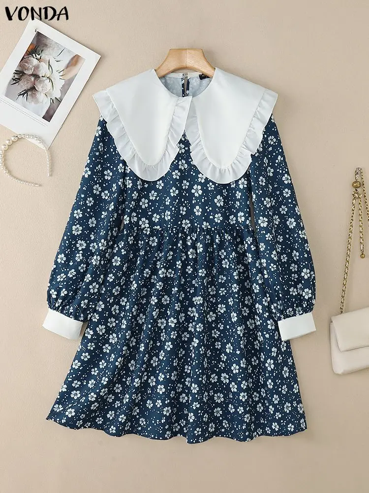 2025 VONDA mode femmes Mini robes bohème imprimé fleuri Robe courte automne à manches longues col claudine fête Robe de vacances
