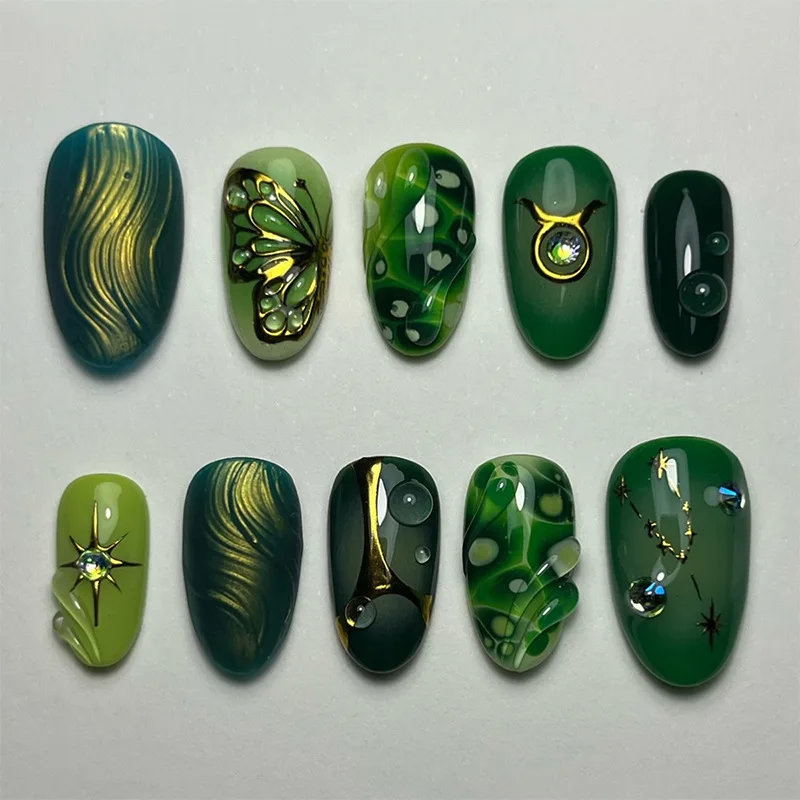 24Pcs Mid-length Almond Press on Fake Nails with Insect Flower Button Design Full Cover Nails Tips Reusable Finished False Nails