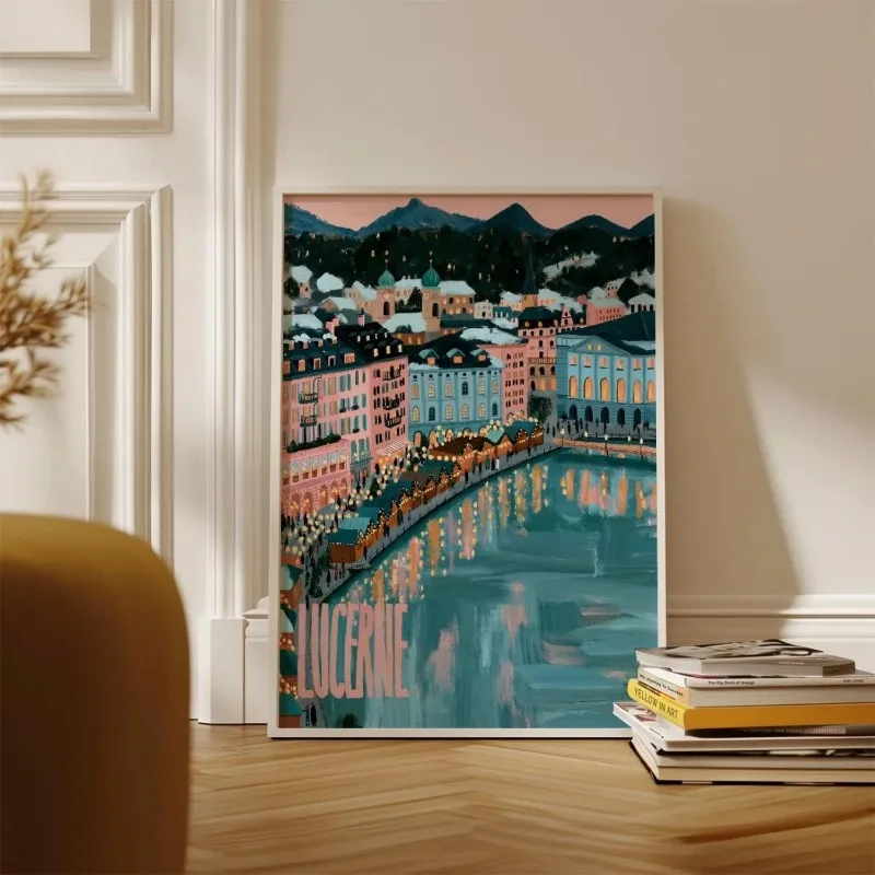 Lucerne Switzerland Cityscape Canvas Wall Art Colorful European Town River View Unframed Canvas Print Travel Home Wall Decor