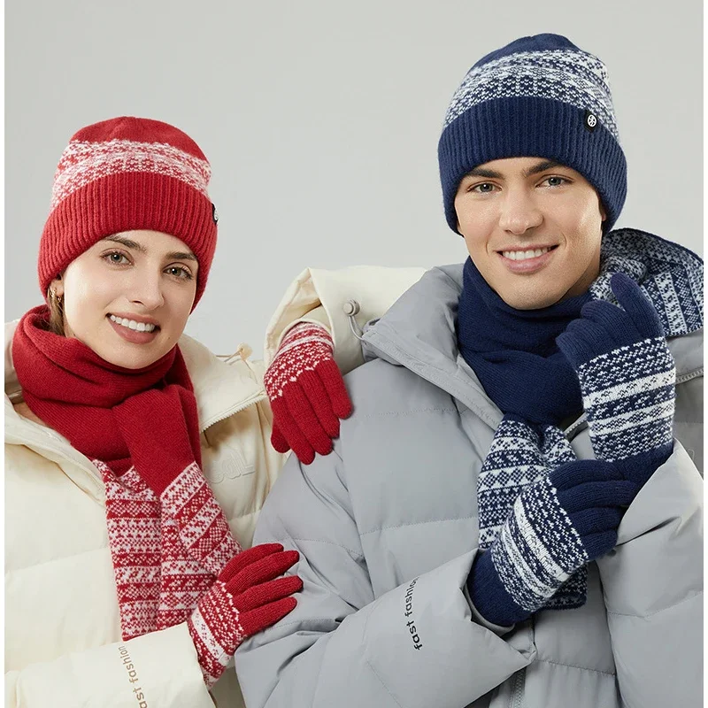 3pcs Winter Hat Scarf Glove Sets for Men Women Knit Beanies Hats Set Plaid Striped Long Scarf Touch Screen Gloves