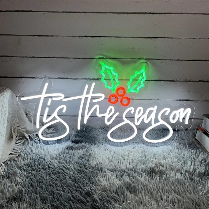 Tis The Season Holly Neon Sign, Custom Christmas LED Neon Light Home Wall Decor Winter Season Holiday Party Decor Christmas Gift