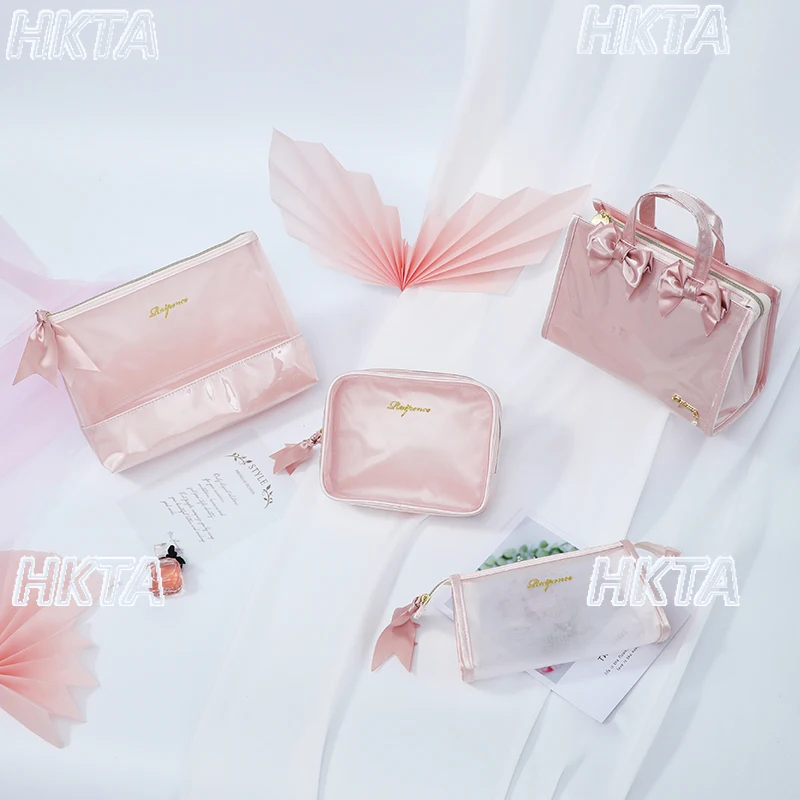 

Japanese Bow Transparent Waterproof Large Capacity Wash Pink Cosmetic Bags Women Fashion Commuter Portable Travel Storage Bags