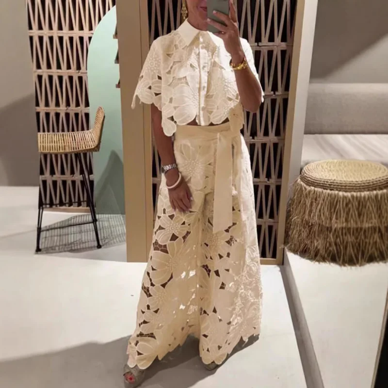 

Women's Sexy Hollow Out Top & Wide Leg Pants Set - Solid Color Casual Two-Piece Outfit